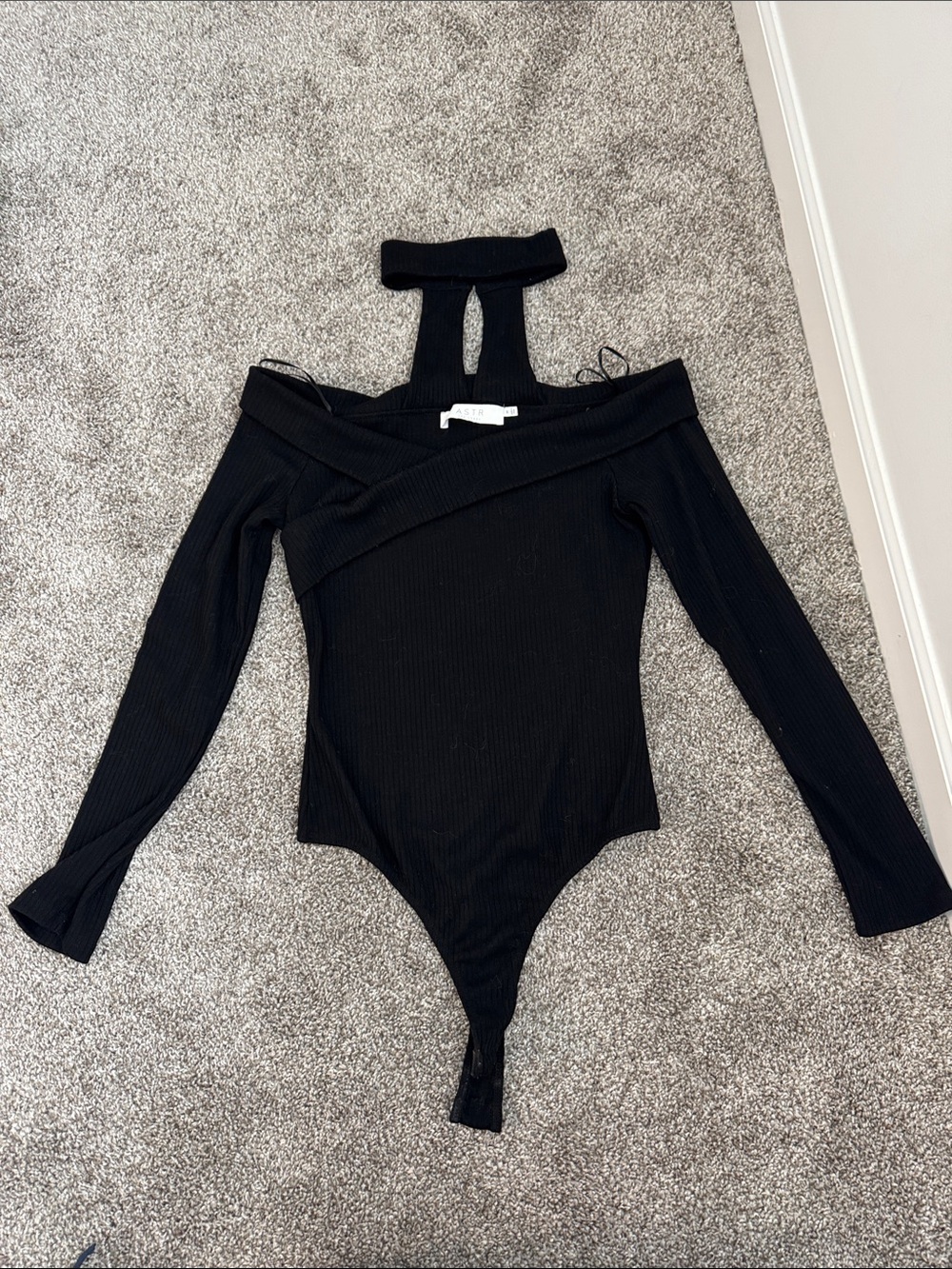 Astr Off-Shoulder Black Long Sleeve Bodysuit with Choker Neck